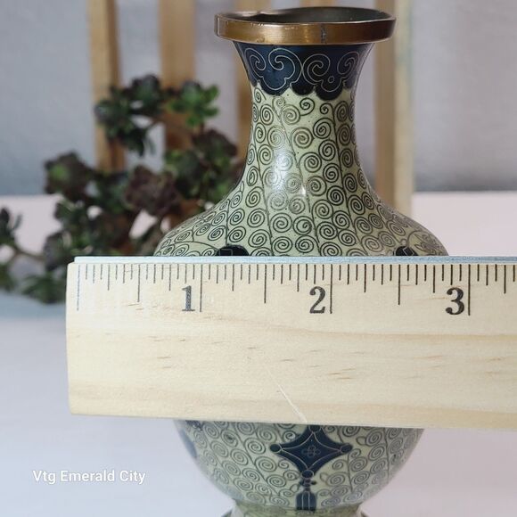 VTG Japanese Vase Enamel on Copper Cream, Black & Gold Cloisonne Swirling 1930 - Picture 3 of 11